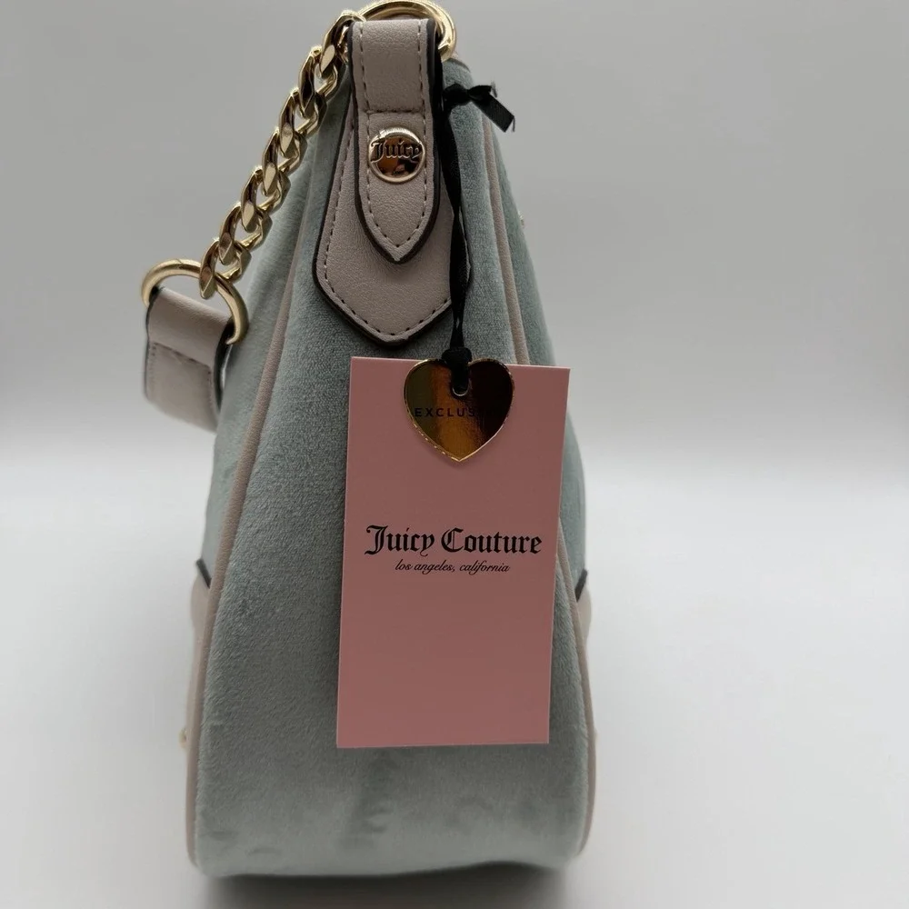 Juicy Couture Dreamy Shoulder Bag & Matching Zip Card Case Sage Green Velour NWT